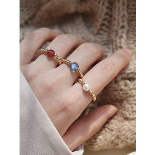 Lily Jewelry 925 Sterling Silver Vintage Elegant Korean Retro Real Pearl Labradrite Strawberry Quartz Ring Party Finger Ring