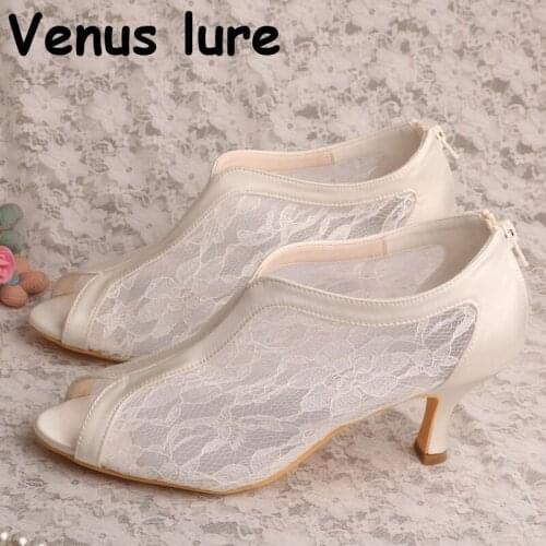 Handmade Lace Ivory Peep Toe Mid Heels White Lace Shoes for Wedding Zipper