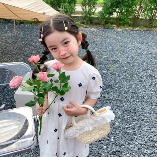 Summer New Arrival korean style girls dress short sleeve embroidered flowers girls princess dress for cute sweet baby girls