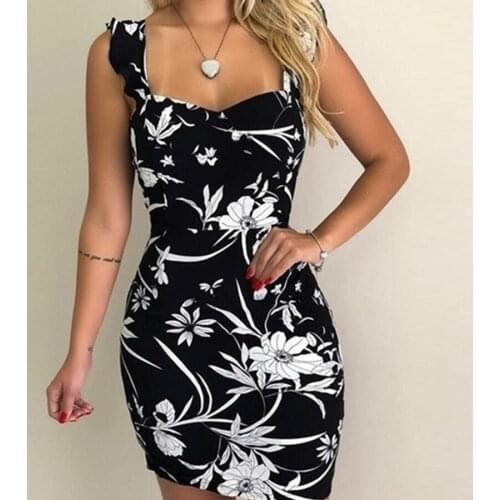 Summer Sexy Floral Print Ruffled Dress Girl Square Collar Slim Mini Fashion Dress Girl Open Back High Waist Temperament Dress