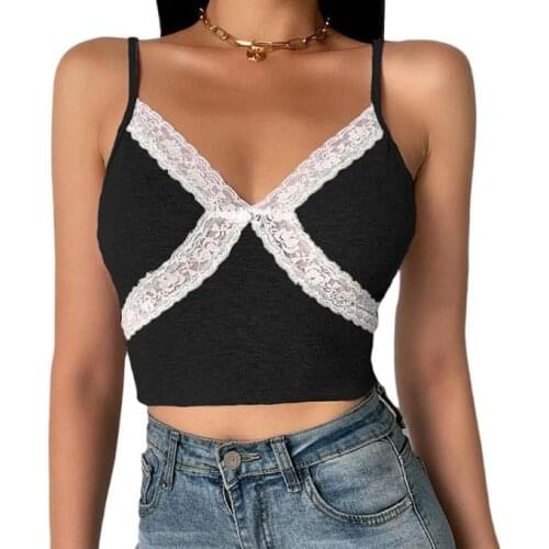 Summer Girls Sexy V-neck Camisole Ladies Fashionable Lace Splicing Solid Color Backless Women Ladies T-Shirts Tanks