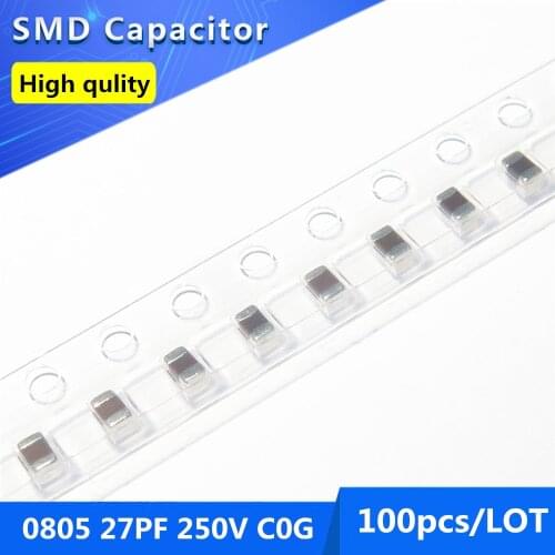 100pcs 0805 27PF C0G/NPO 250V 5% Thick Film Chip Multilayer Ceramic Capacitor