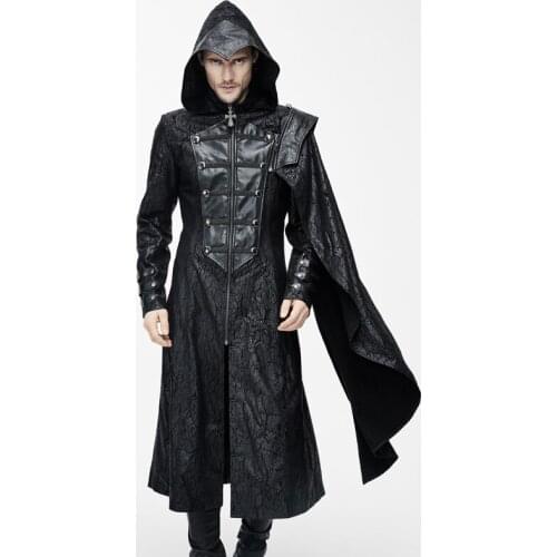 Devil Fashion Gothic Vintage Hooded Long Coat for Men Punk Faux Leather Handsome Jackets with Detachable Shawls Black Overcoats