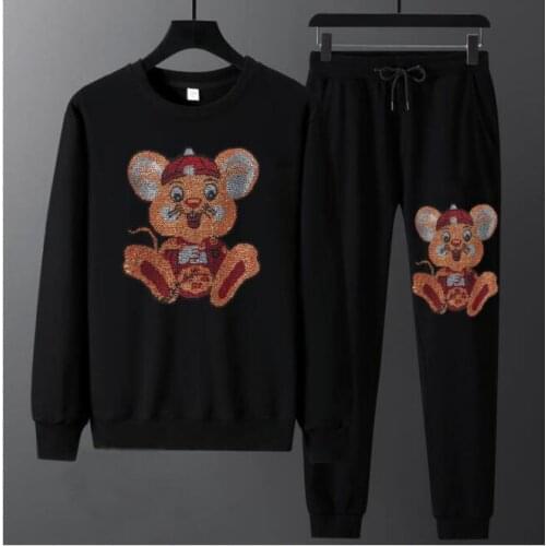 Best quality New europe fashion Mens Tracksuit Casual Men Hoodies Sweatshirts top quality Rhinestones Set drop shipping