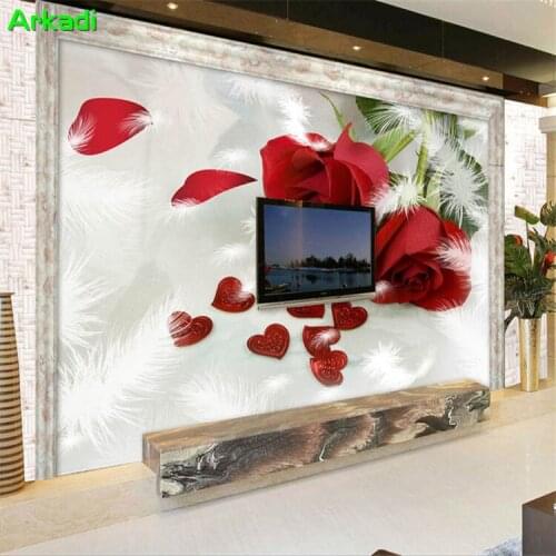 3d living room TV background wall made wallpaper rose flower fashion wallpaper white feather bedroom background mural