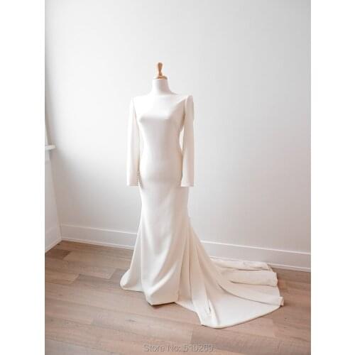 Real Made Boat Wedding Gown Vestido De Noiva Casamento Mariage Crepe Long Sleeves Plunging Illusion Back Custom Made Bridal Gown