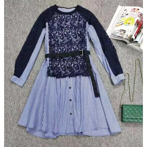 New Arrival Womens Dress 2021 Autumn Style Ladies Crochet Lace Embroidery Patchwork Long Sleeve Blue Green Casual Dress Belt