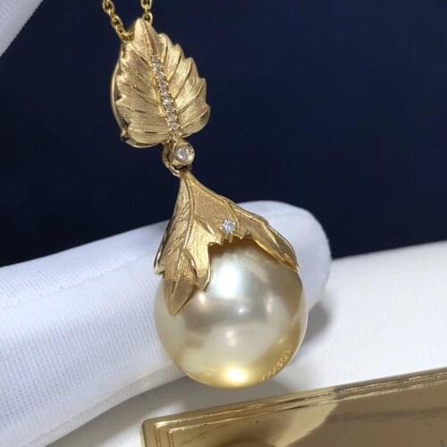 D113 Fine Jewelry 18K Gold Natural Ocean Golden Pearl 16-15mm Pendant Necklaces for Women FIne Pearls Pendants