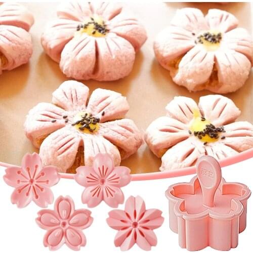 Stamper Press Cookies Mold Pink Cherry Blossom Shape Flower Hand Pressure Pastry Tool Fondant Cutters Set for Kitchen Baking