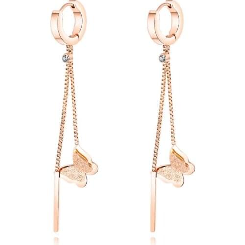 Cute Matte Butterfly Chain Tassels Drop Earrings For Women Stainless Steel Rose Gold Color party Ear Jewelry Gift Drop Shipping
