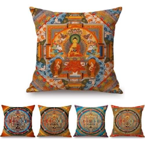 Vintage Mandala Nepal Tebitan Buddhism Pattern Worship Home Decorative Throw Pillow Case Cotton Linen Buddhist Art Cushion Cover
