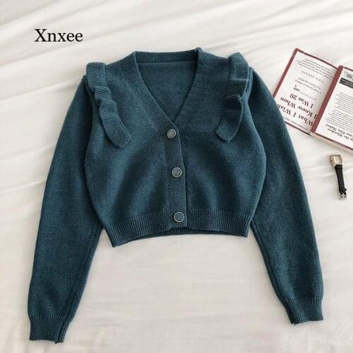 V Neck Ruffles Knit Cardigan Autumn New Ins Vintage Tops Patchwork Sweater Single Breasted Solid Outwear Lady Casual Clothing
