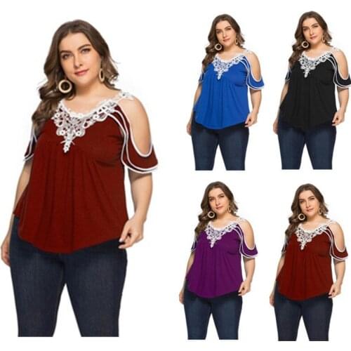 Oversize L ~ 5XL 2021 Fashion New Lace Stitching V-neck Short Sleeve Off Shoulder Large Cotton T-shirt For Women