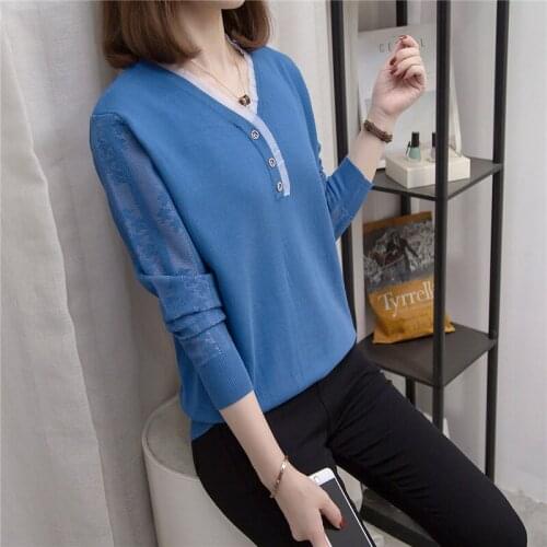 Knit Shirt Korean Long Sleeve V-Neck Fashion Hollow Out Mesh Spliced Plus Size Women Spring Autumn Sweater Pullover Tops M346