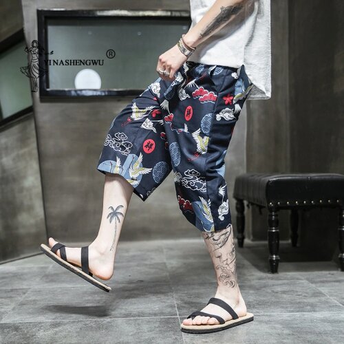 Kimono Pants Summer Men Seven-Points Pants Wide Leg Japanese Style Harajuku Crane Print Casual Loose Trousers Thin Asian Clothes