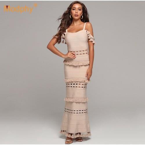 2021 New Womens Rayon Bandage Long Dress Sexy Sleeveless Tassel Hollow Bodycon Dress Celebrity Evening Party Track Vestidos