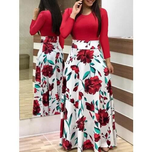 2019 Vintage Floral Print Patchwork Long Dress Women Casual long Sleeve Party Dress Elegant O Neck Ladies Maxi Dress Sundress