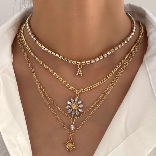 Vintage Multi-layer Crystal Letter Flower Twist Chain Necklaces For Women Golden Sun Metal Choker Necklace Collar Jewelry Gifts