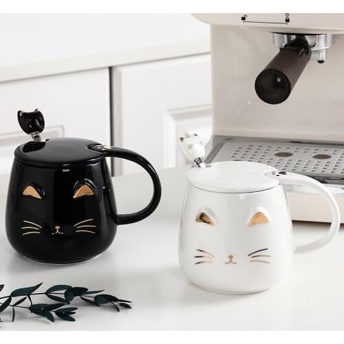 1Pcs New 400mL Cute Cat Ceramic Coffee Mug With Spoon and Lid White/Black/Pink Creative Hand Painted Milk Tea Cup Gift forFriend