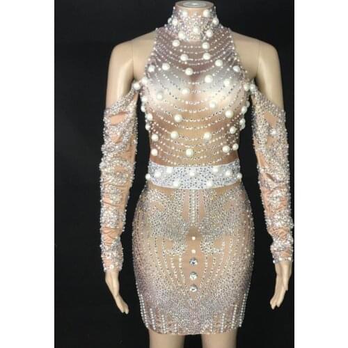 Flashing New Design Pearls Rhinestones Dress Womens Birthday Celebrate Dance Outfit Evening Bar Stage Singer Stretch Dress