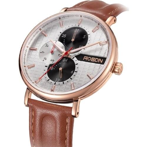 Multi-function Men‘s Watches Luxury Brand ROSDN Watch Men 50M Waterproof Genuine Leather Japan VD67 Quartz Movement Clock R3630