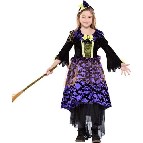 Kid Girls Halloween Witch Costume Idea Funny Purple Dress Cheap Net Yarn Fancy Long Sleeve Outfit