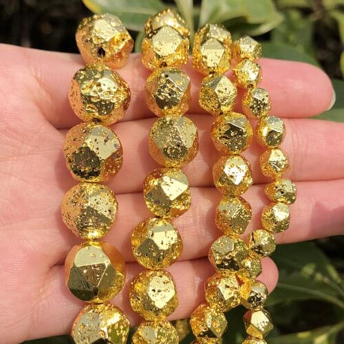 6/8/10/12mm Faceted Gold Plated Volcanic Stone Bead Natural Lava Mineral Loose Beads for Jewerly Making DIY Bracelets 15inch