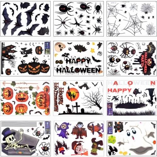 Happy Halloween Window Stickers Pimpkin Ghost Bat PVC Wall Mirror Glass Stickers Halloween Party Haunted House Props Wall Decals