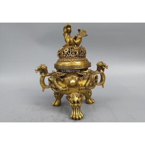 11'' Brass carved Dragon foo dogs kylin tiger foot incense burner censer statue