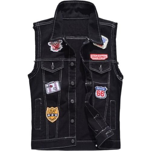Mens Badge Patch Denim Vest Casual Slim Fit Black Jean Waistcoat Sleeveless Patchwork Tank Top