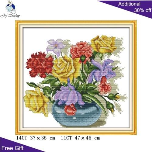 Joy Sunday Colorful Flowers Needlepoint H506 14CT 11CT Stamped Counted Home Decor Colorful Flowers Embroidery Cross Stitch Kit