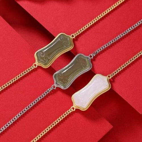 Original design natural Hetian jade ruyi geometric bracelet Chinese retro light luxury charm womens brand silver jewelry