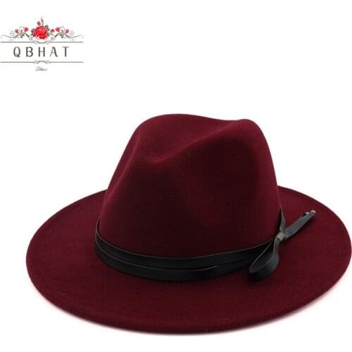 QBHAT Wool Trilby Hat Felt Panama Fedora Jazz Sun Beach Style with Black Leather Band for Man Women Gambler Fedoras Cap QB35