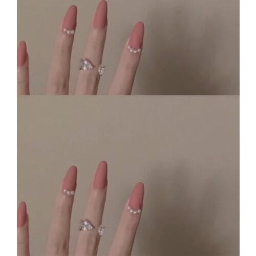 Princess style Vintage matte pink pure color with pearl 3d decorated fake nails cute lady full nail tips french false nails