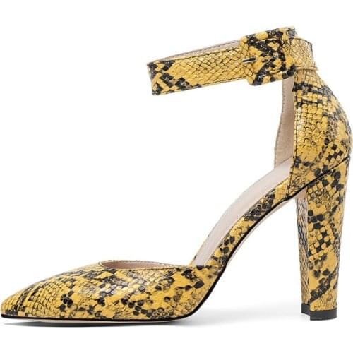 Stylish Snake Skin High Heels Shoes Women Ladies Big Plus Size 46 Ankle Wrap Buckled Pumps Woman Female Party Shoes D'orsay Pump