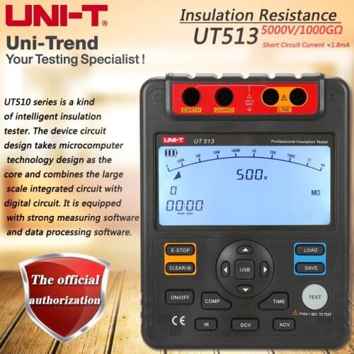 UNI-T UT513 Insulation Resistance Tester 5000V Automatic Range Digital Megohmmeter Data Storage Polarization Index LCD Backlight