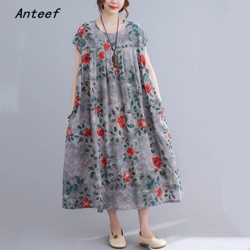 Short sleeve cotton vintage floral dresses for women casual loose long woman summer dress elegant clothes 2021