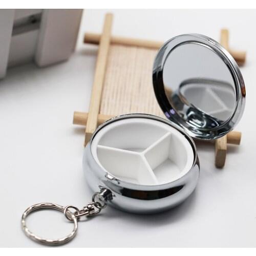 1pcs Metal Silver Round Tablet Pill Boxes 3 Hole With Keychain Small Case Tablet Pill Boxes Container Handmade DIY Making