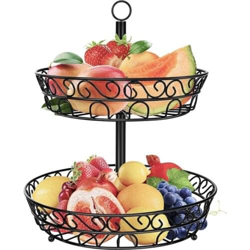 2 Tier Metal Fruit Plate Basket Detachable Countertop Vintage Hollow Out Black Tray Stand Holder Decorative Kitchen Snacks