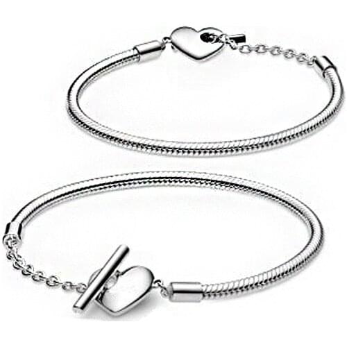 2021 Valentines Day Women DIY Fashion Jewelry Gift New 925 Sterling Silver T-shaped Heart Buckle Snake Chain Bracelet