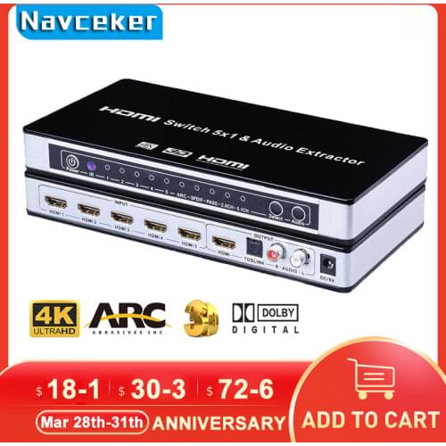 2020 HDMI Switch Switcher 5x1 HDMI Audio Extractor 4Kx2K 3D ARC Audio EDID Setting HDMI 1.4v HDMI Switch Remote For PS4 Apple TV