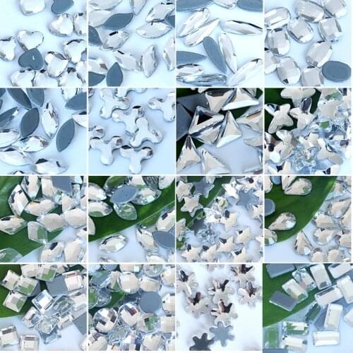 50pcs 30 Shapes High Quality Hot Fix Rhinestones Clear Crystal Glass Glittering Strass Stones For Garments Jewellery Bags B0982