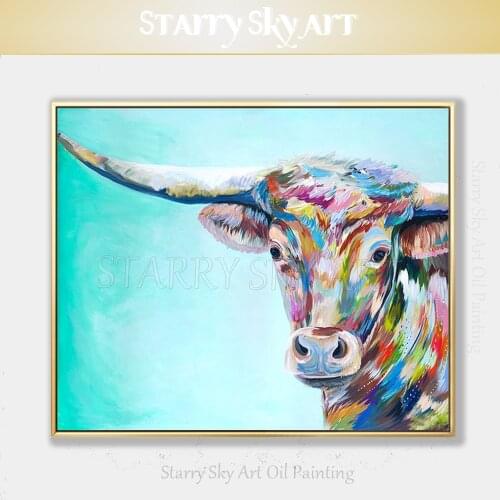 Free Shipping Artist Hand-painted High Quality Colors Animal Longhorn Cow Oil Painting on Canvas Longhorn Bull Oil Painting