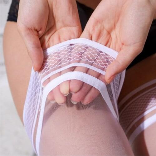 Retro Oil Shiny Silk Stockings Women Sexy Lingerie Ultra Thin Transaprent Thigh High Stockings Glitter Lace Top Long Medias