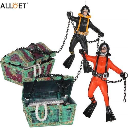 Treasure Chest Hunter Diver Action Figure Fish Tank Ornament Air Bubbler Movement Aquarium Undersea Landscape Decorations