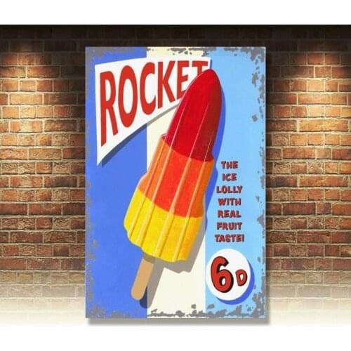 Rocket Lolly Ice Cream, Vintage Shop Kitchen Cafe Food Old, Small Metal Tin Sign