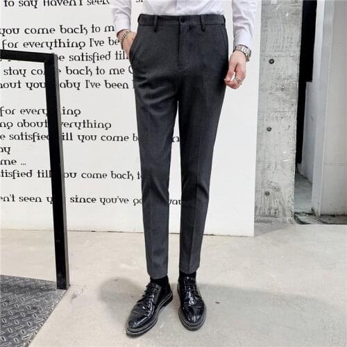 Spring /summer Korean slim Mens Flat-Front Cropped Prom Dress Pants Skinny Ankle-LeLength Trousers Leisure Solid Black Grey Brow