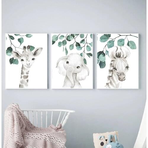 Safari Baby Animals Wall Art Canvas Painting Posters Prints Nursery Zebra Giraffe Eucalyptus Animal Nordic Kids Room Decoration