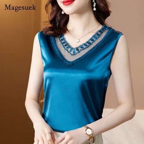 Summer New Satin Women embroidery Blouse V-neck Solid Tops for Women Elegant Office Lady Loose Silk Plus Size Blouse Blusa 15114