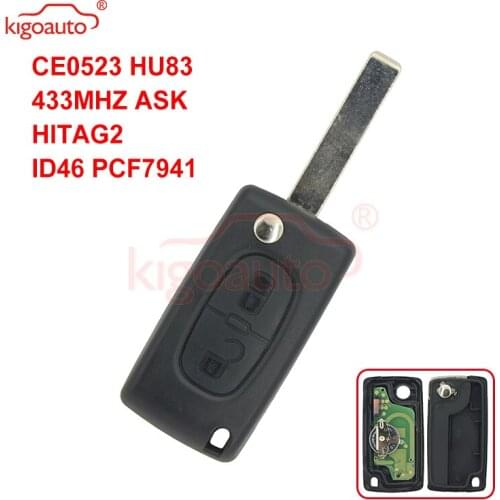 Kigoauto CE0523 Flip remote key 2 button HU83 434Mhz pcf7941 chip ASK for Peugeot 207 307 407 807